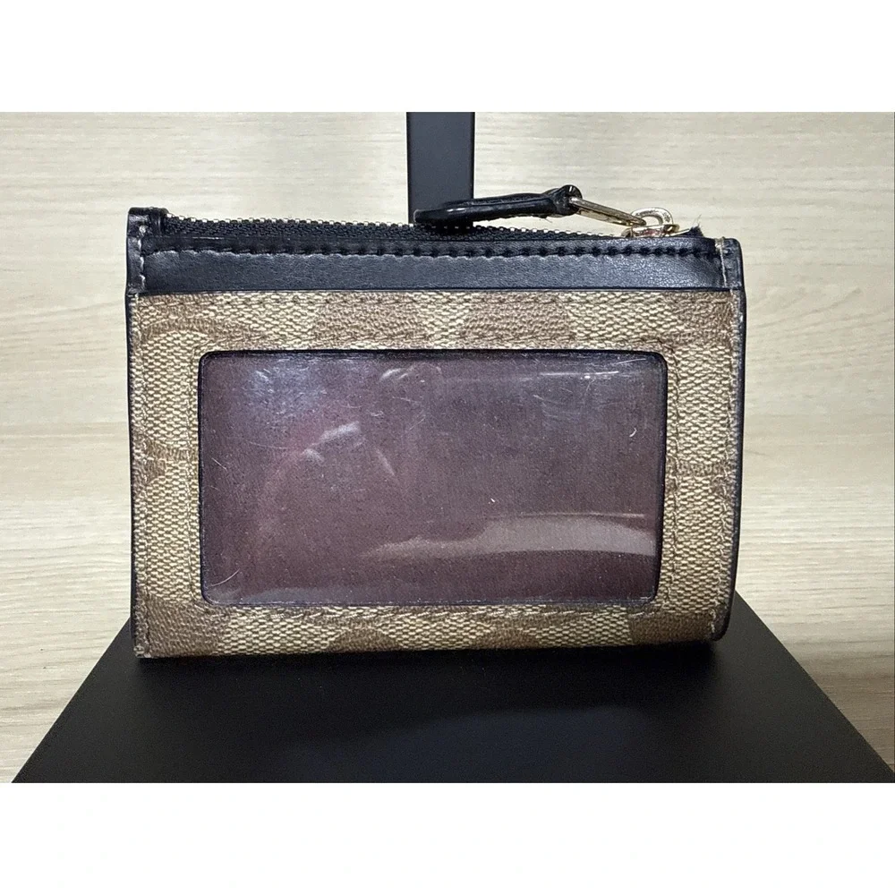 Coach Brown‎ Logo Canvas Leather Key Chain Wallet Zippered ID Holder